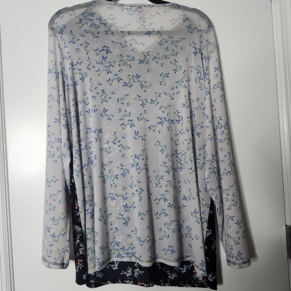 LOGO Layers by Lori Goldstein Womens XL Floral Mesh Ruched VNeck Long Sleeve Top - Picture 4 of 8
